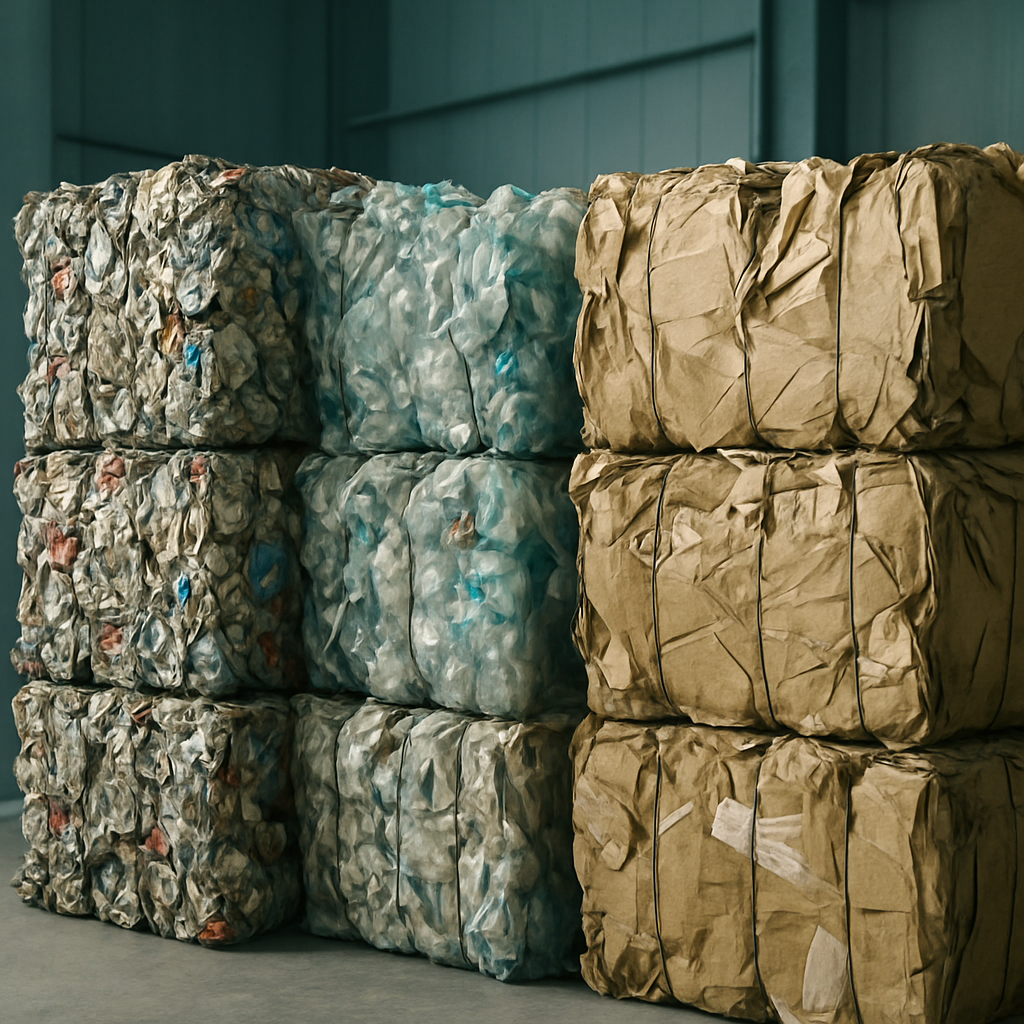 Fardos de materiais recicláveis recuperados em uma central